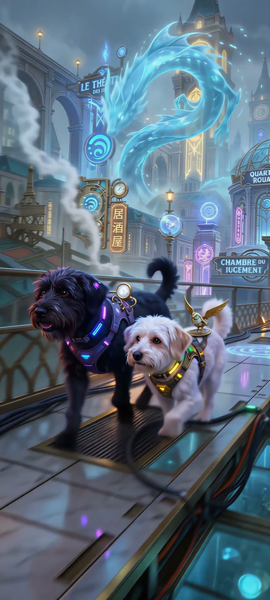 Two harnessed steampunk dogs stand on an elevated walkway, a glowing cyan spirit dragon floats ab...
