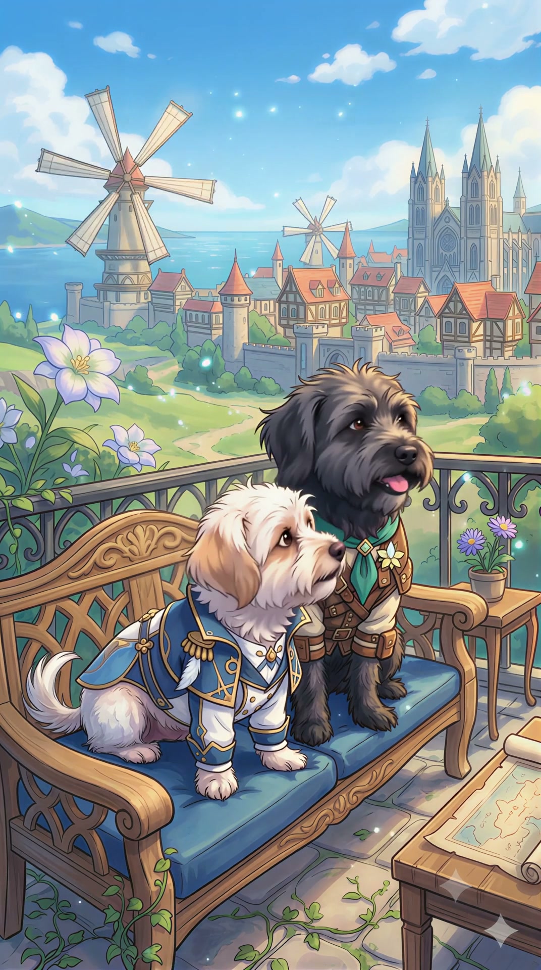 Two costumed fantasy dogs sit on an ornate balcony overlooking a whimsical fairytale coastal vill...