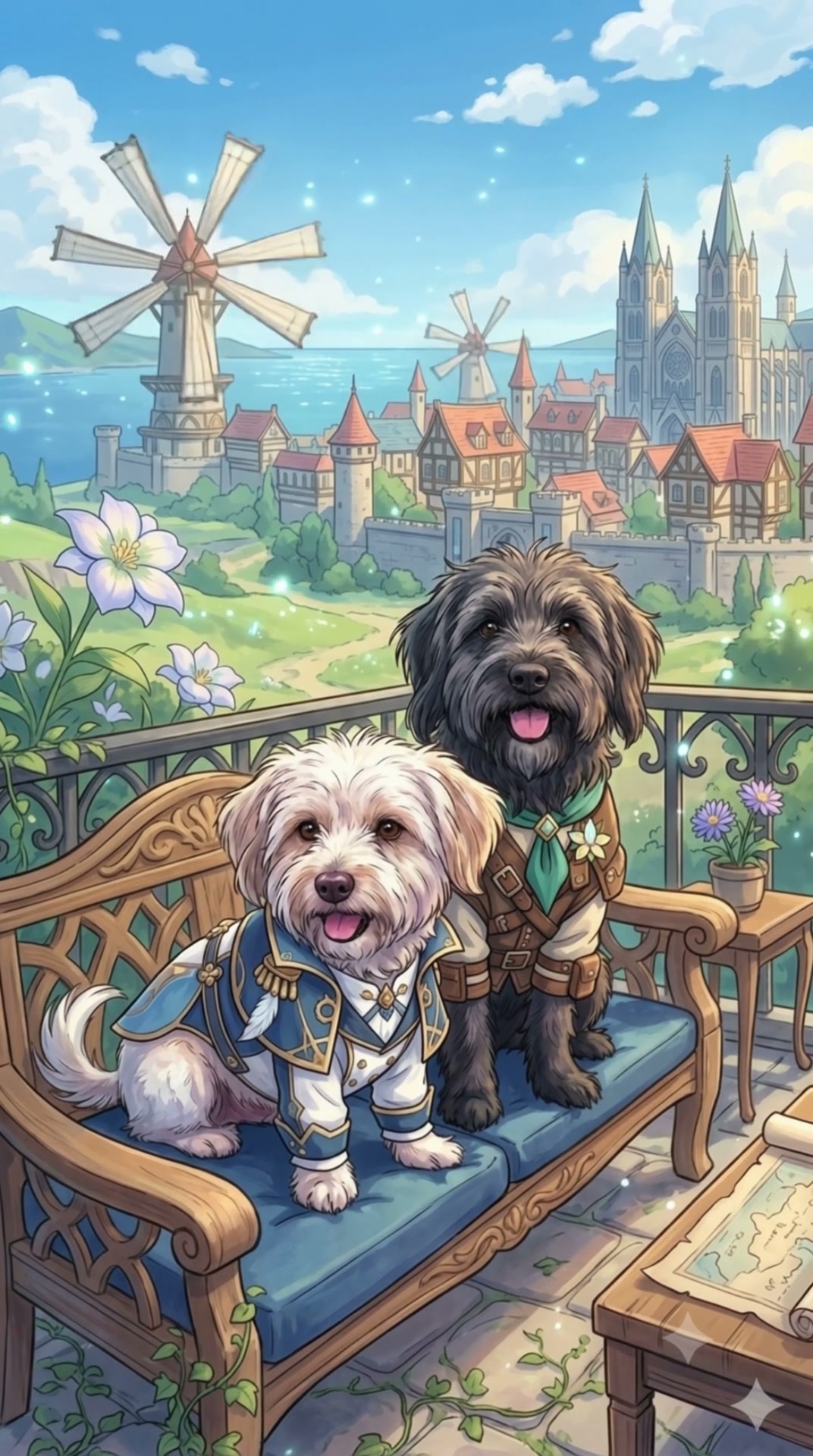 Two costumed shaggy dogs sit on an ornate balcony bench overlooking a whimsical medieval coastal ...