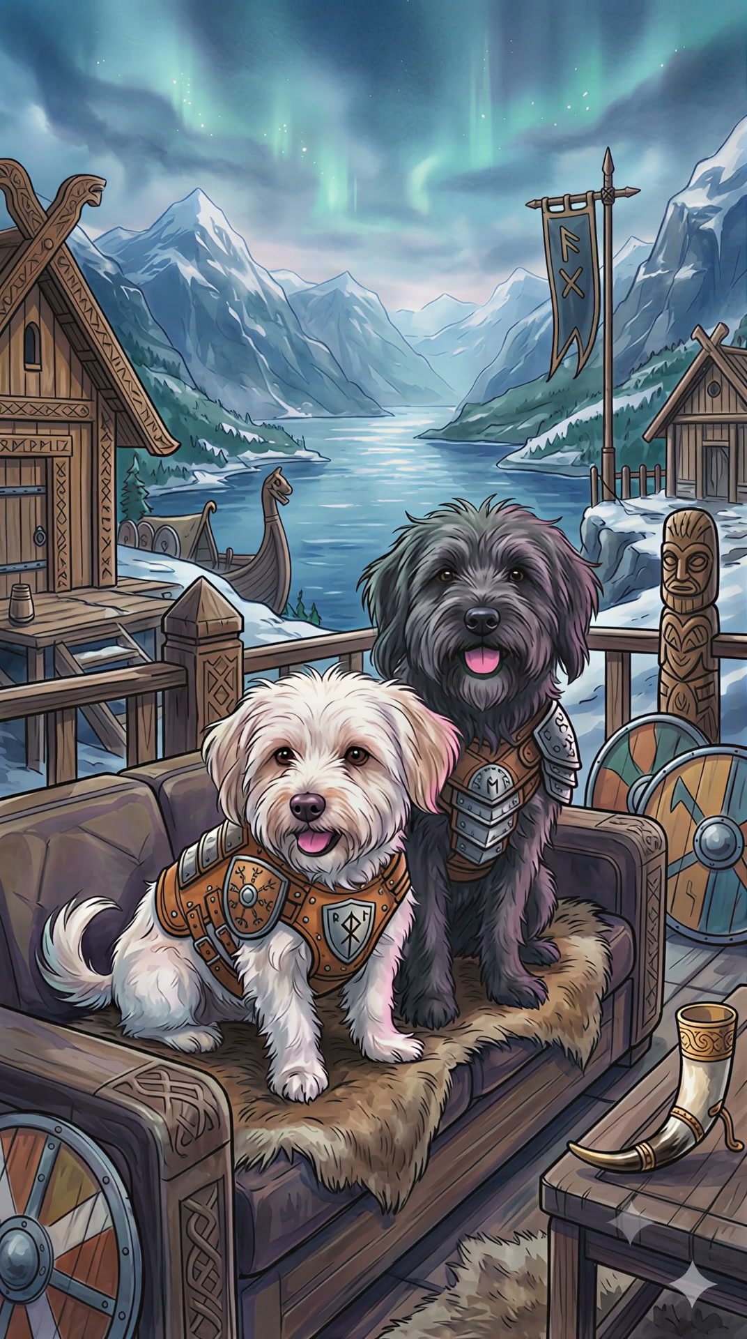 Two fluffy dogs in viking armor sit on a fur-lined couch, overlooking a snowy nordic fjord villag...