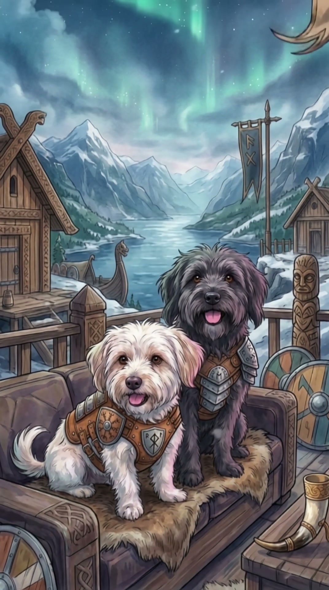 Two cheerful fluffy dogs in viking armor sit on a fur-lined couch overlooking a norse fjord under...