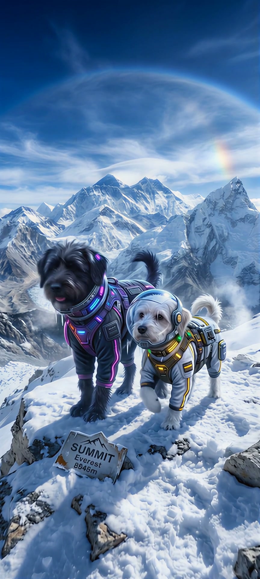 Two dogs in futuristic space suits stand triumphantly on the snowy summit of Mount Everest beside...