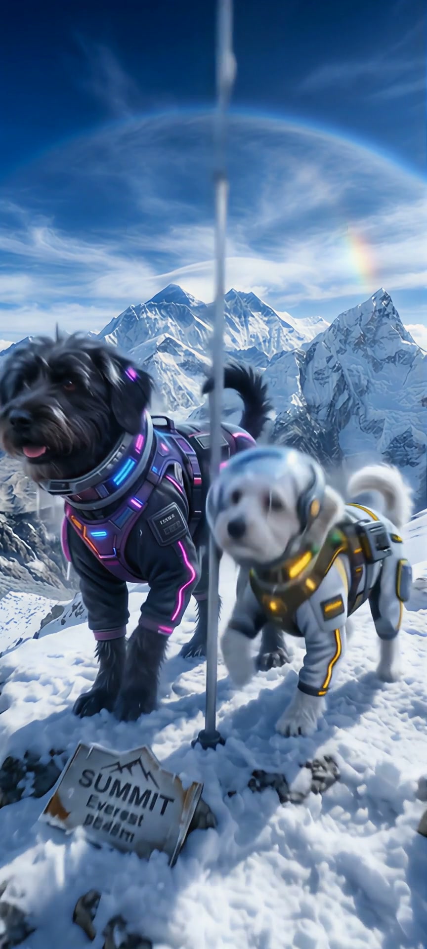 Two dogs in futuristic glowing space suits stand atop the snowy Mount Everest summit next to a su...