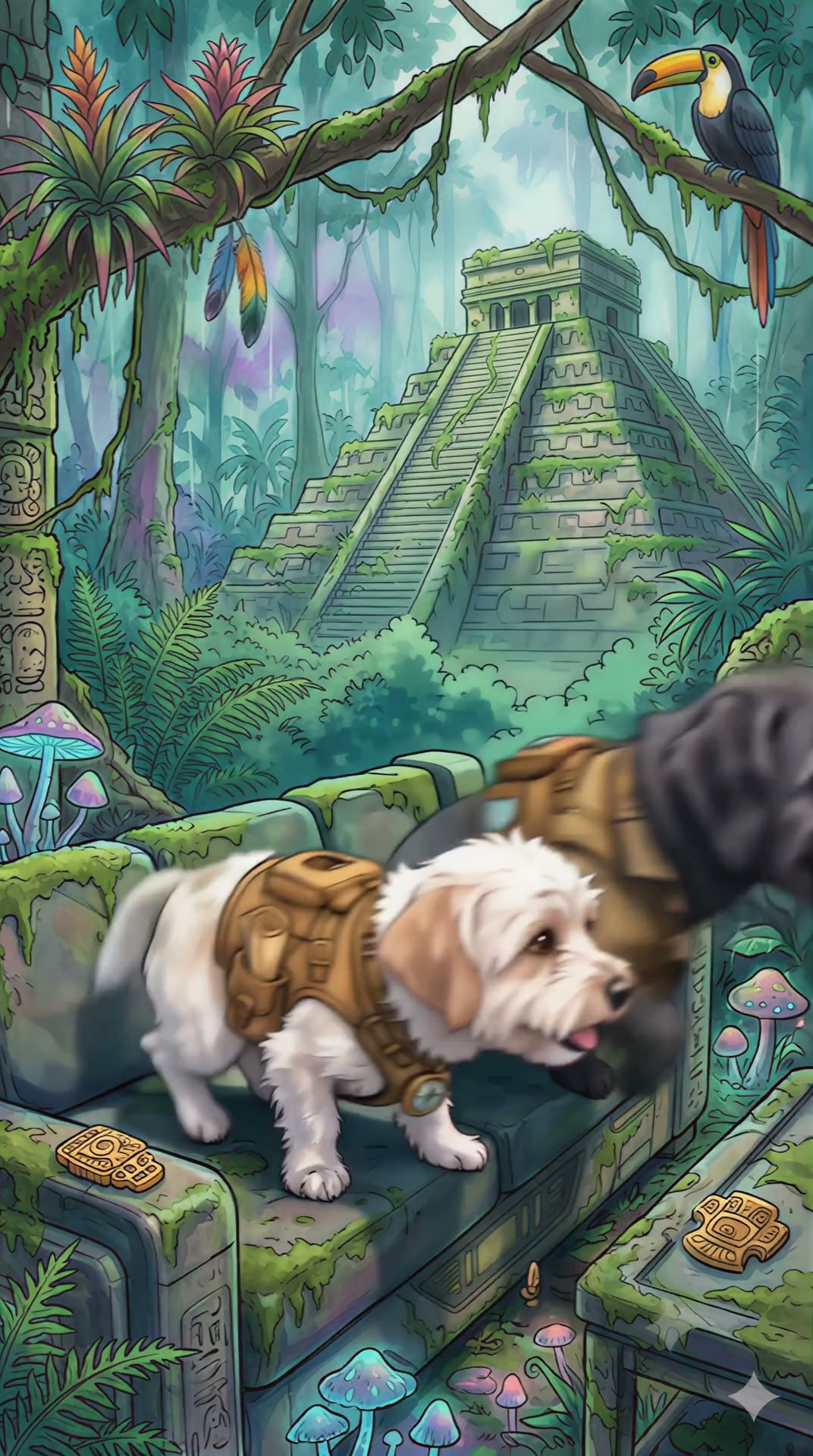 Cartoon fluffy white explorer dog in a tiny adventure vest stands on mossy ancient Mayan jungle r...