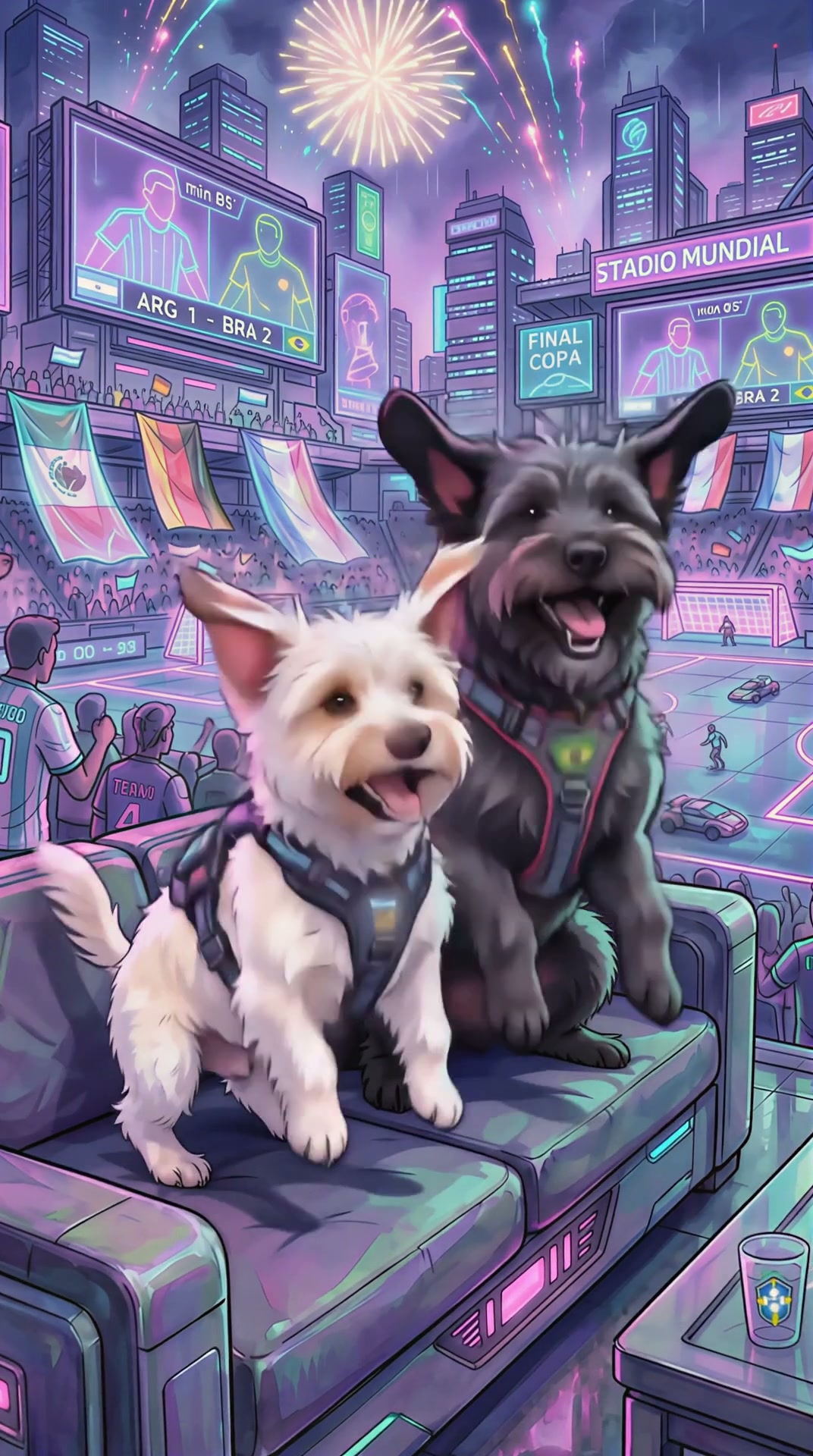 Two happy terrier dogs in futuristic harnesses sit on a couch overlooking a neon cyberpunk World ...