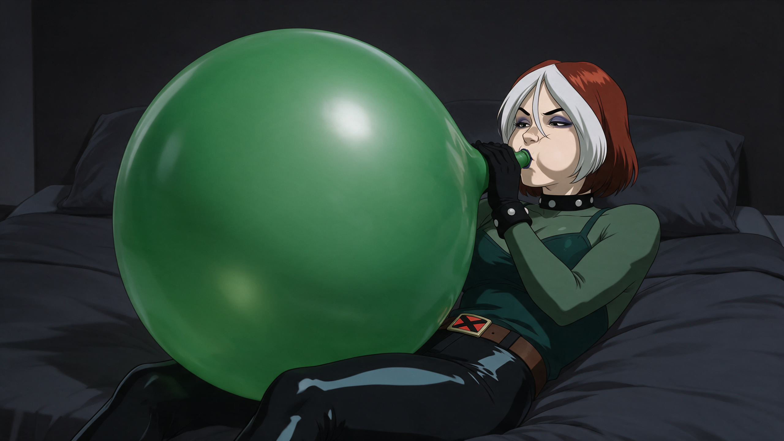 Anime X-Men character Rogue reclining on a dark bed blowing up a large glossy green balloon.