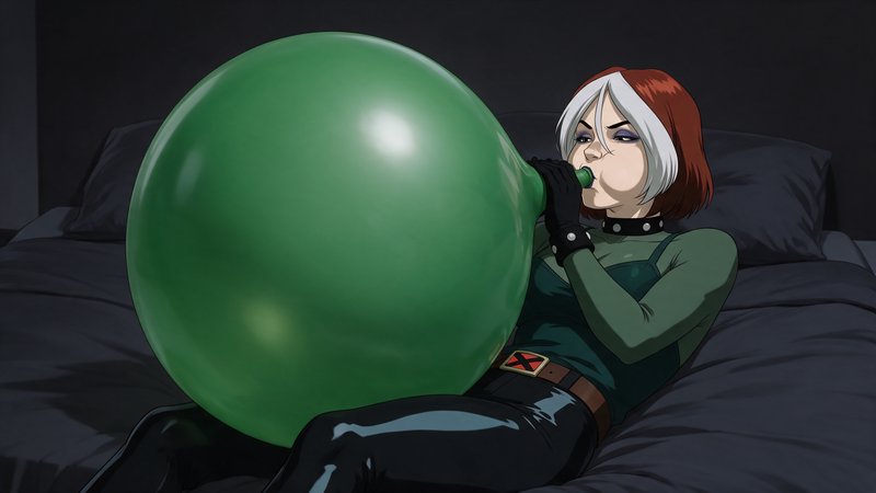 Anime X-Men character Rogue reclining on a dark bed blowing up a large glossy green balloon.