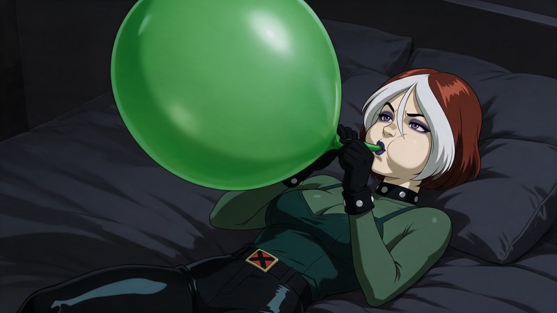 [Anime style X-Men character Rogue lies on a dark bed inflating a large glossy green balloon]